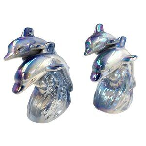 Dolphin Figurine Pair On Ocean Wave Design Ceramic Collectibles